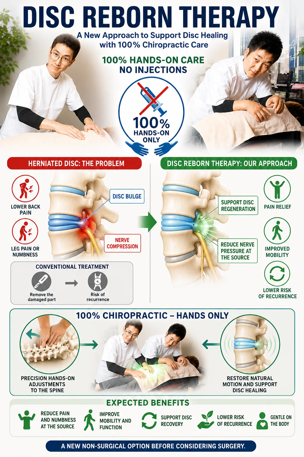 Disc Reborn Therapy explained. A 100% hands-on chiropractic approach with no injections. With a herniated disc, the bulging nucleus compresses the nerve and causes lower back pain and leg numbness. Disc Reborn Therapy supports disc regeneration and reduces nerve pressure at the source, aiming for pain relief, improved mobility and a lower risk of recurrence.